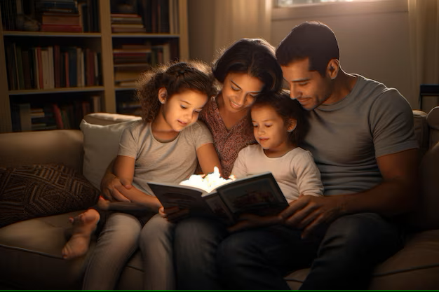 A family sitting together on a couch, reading a bedtime story